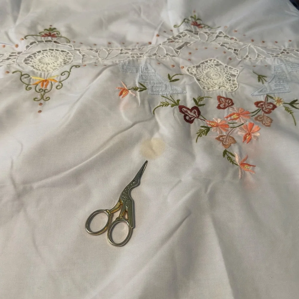Vintage Tablecloth Floral Hand Embroidered Crochet Lace 116x66 Cottagecore